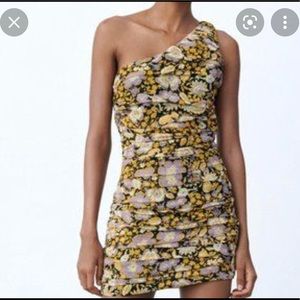Zara Printed One Shoulder Dress - Purple and Yellow Floral - Sz S